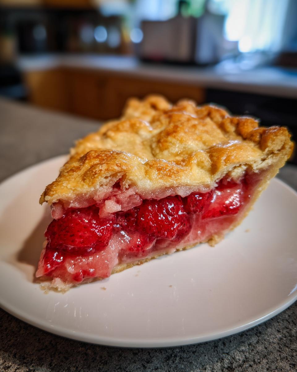 A close-up of a juicy slice of strawberry rhubarb pie showing bright red filling and a golden, flaky top crust.