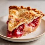 Close-up of a juicy slice of strawberry rhubarb pie showing the fruit filling and golden, sugared crust.