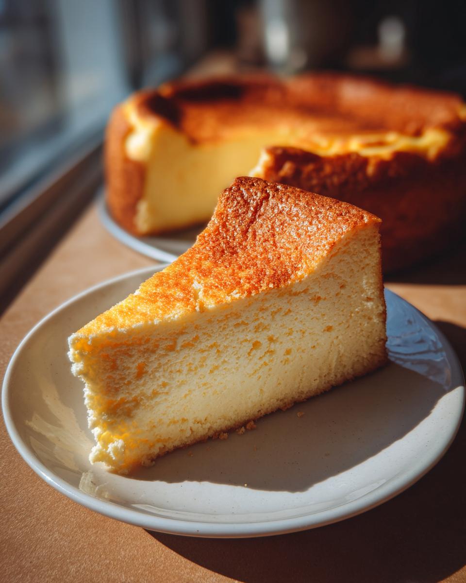 A perfect slice of light and fluffy white chocolate cheesecake with a deeply caramelized top, sitting on a plate.