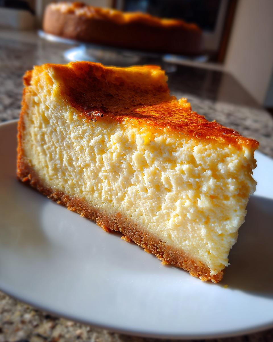 Close-up of a thick slice of creamy white chocolate cheesecake with a golden-brown top and graham cracker crust.