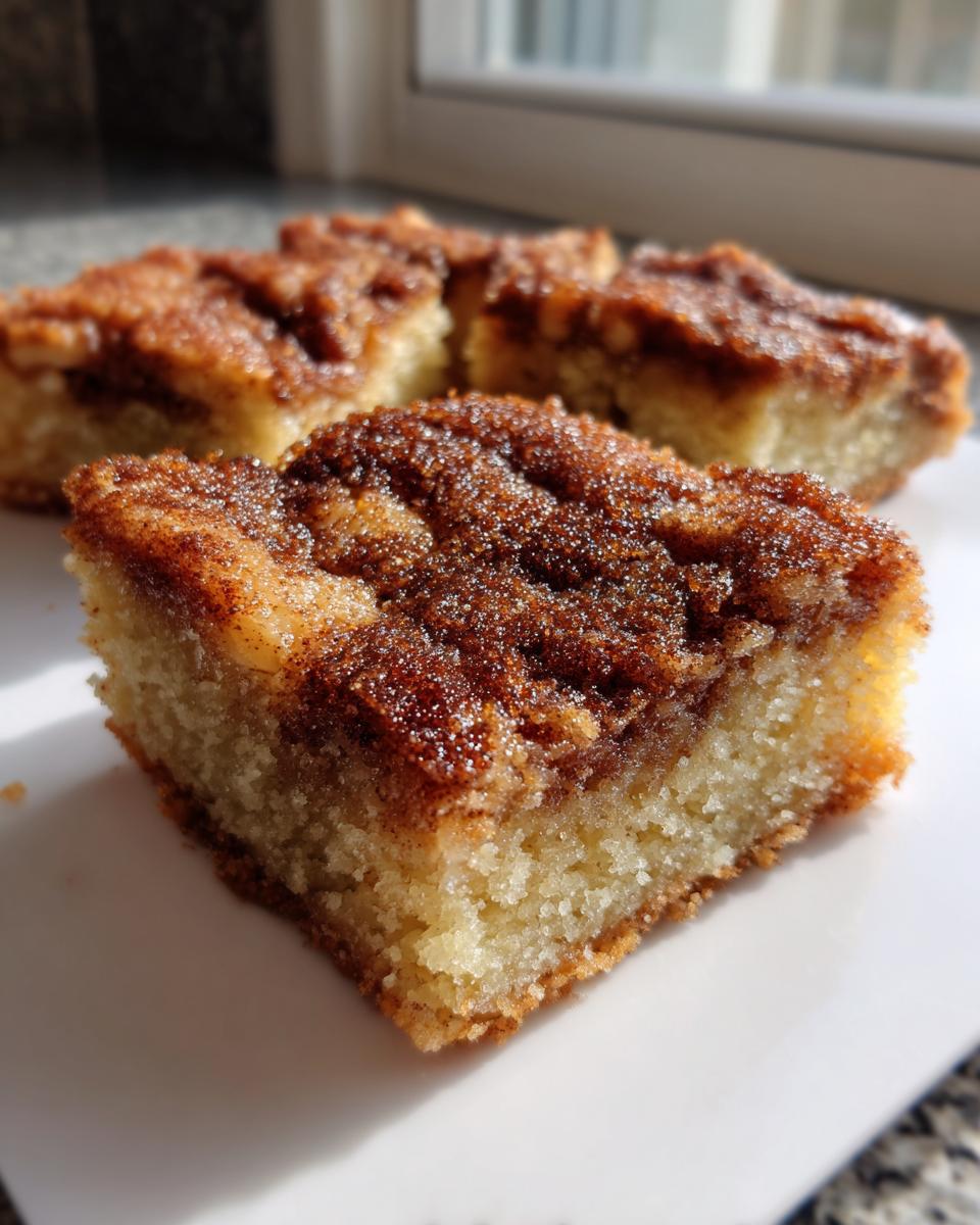 A square slice of soft snickerdoodle blondies topped with a thick, sparkly cinnamon-sugar crust.