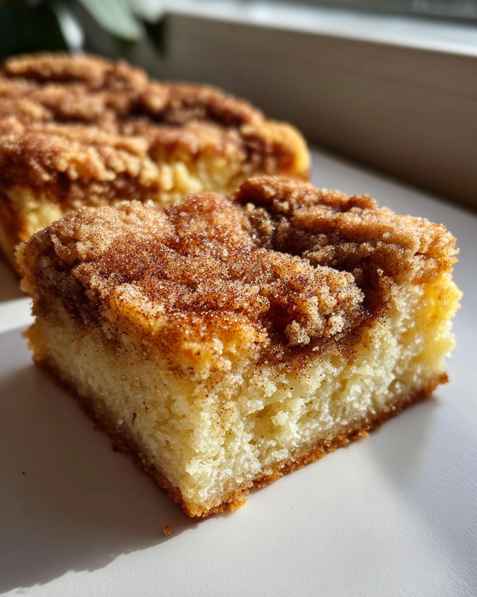 A close-up of a square of soft snickerdoodle blondies topped with a thick, sugary cinnamon crumble.