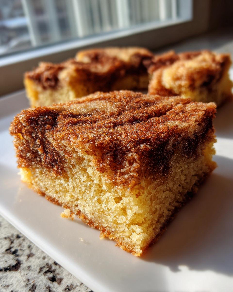 A close-up of a square snickerdoodle blondies piece showing the soft, buttery base and thick cinnamon-sugar topping.