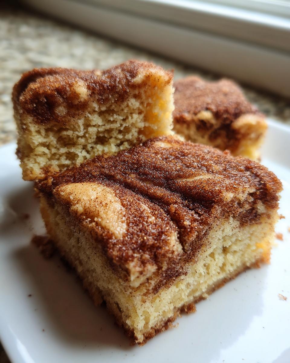 Three squares of moist snickerdoodle blondies topped with a thick cinnamon-sugar swirl, served on a white plate.