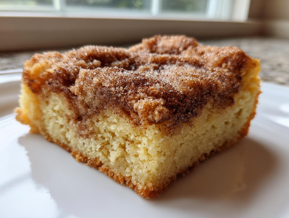A close-up shot of a thick, square slice of snickerdoodle blondies topped with a rich cinnamon sugar swirl.
