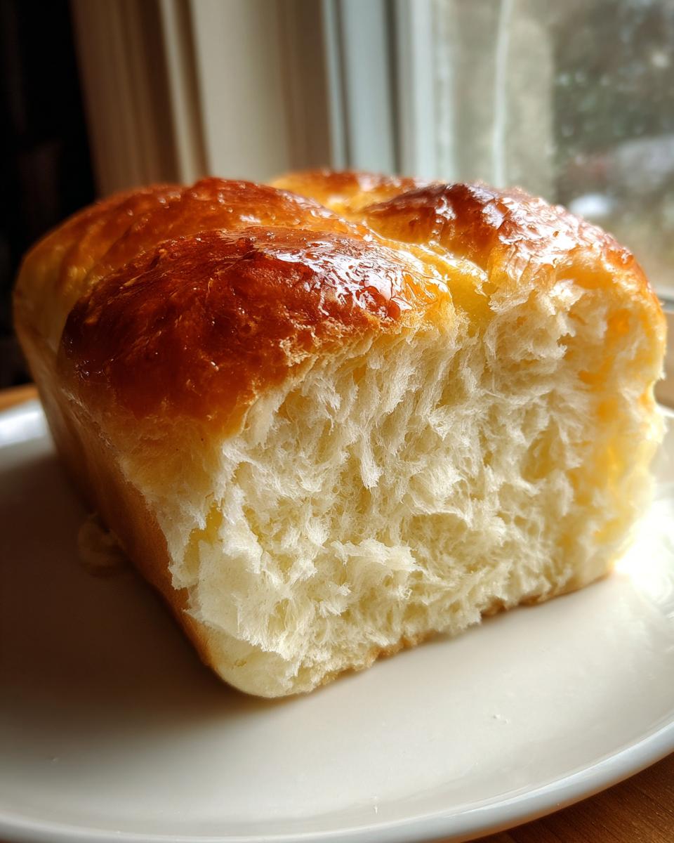 A close-up of a slice of incredibly soft condensed milk bread showing its fluffy white interior and shiny, golden-brown top crust.