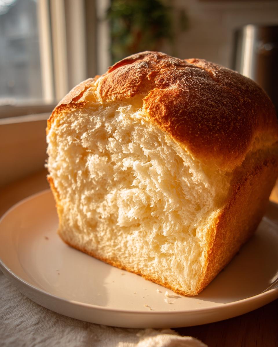Close-up of a freshly baked loaf of condensed milk bread showing its incredibly soft, fluffy white interior and golden crust.
