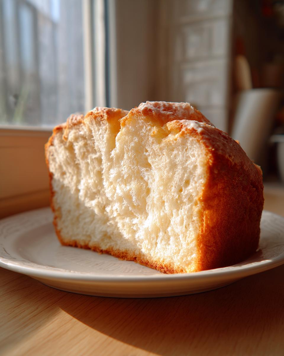 A close-up of a thick slice of incredibly soft condensed milk bread with a golden crust, sitting on a white plate.