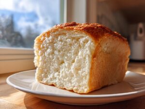 A thick slice of incredibly soft condensed milk bread showing its fluffy white interior and golden-brown crust, sitting on a white plate.