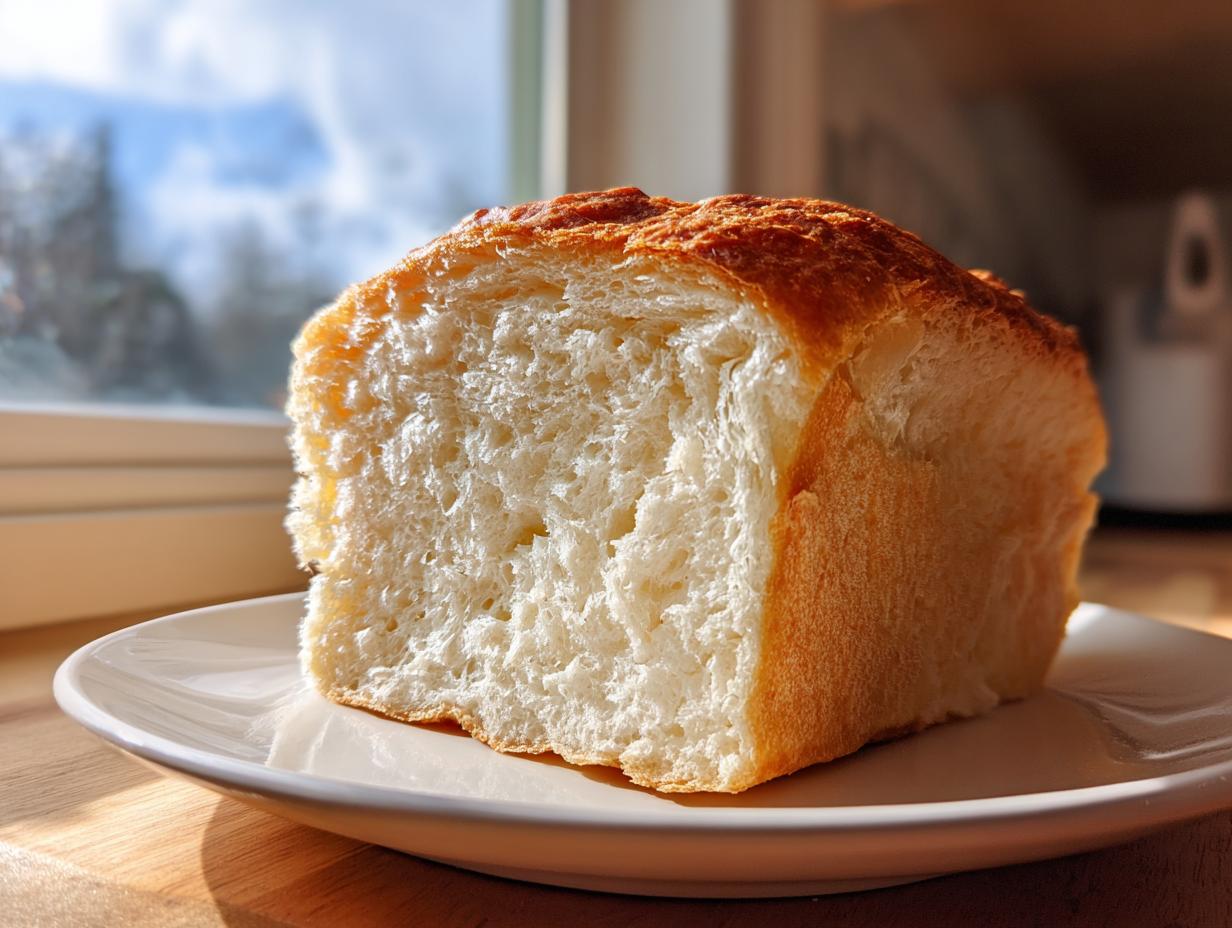 A thick slice of incredibly soft condensed milk bread showing its fluffy white interior and golden-brown crust, sitting on a white plate.
