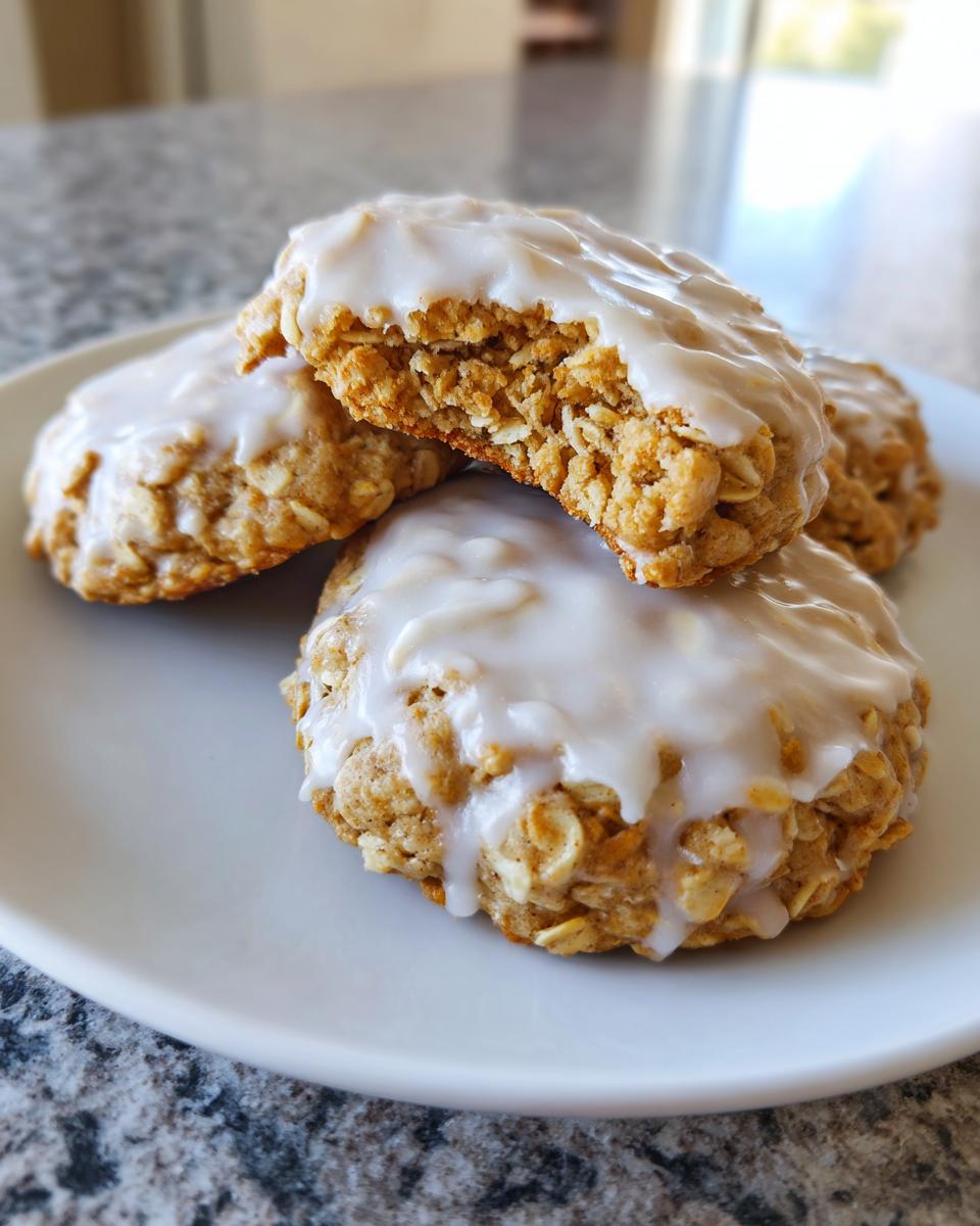 A stack of soft, chewy iced oatmeal cookies with thick white glaze, one cookie broken open to show texture.