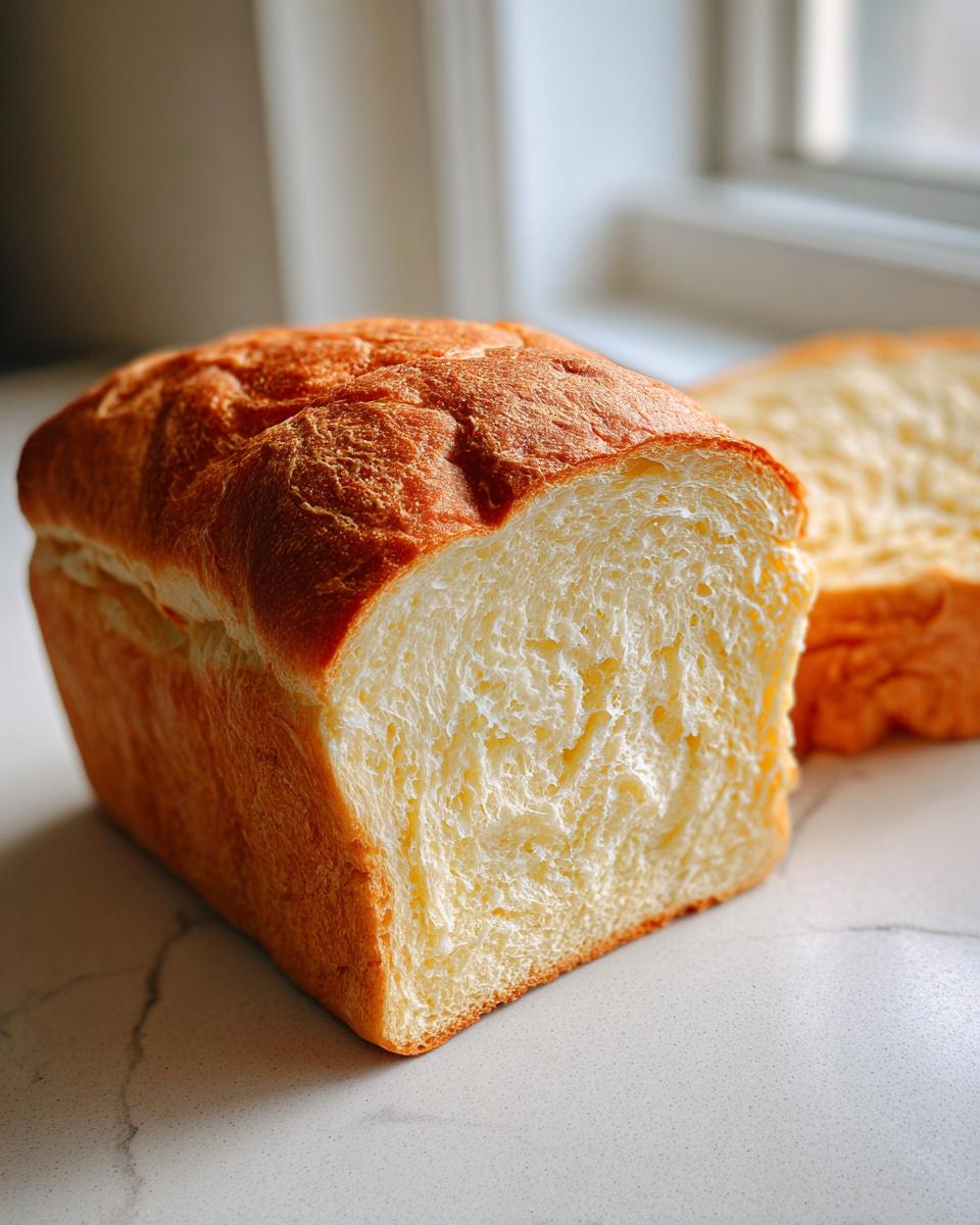 A freshly baked loaf of soft sourdough sandwich bread, cut to show the fluffy interior crumb.