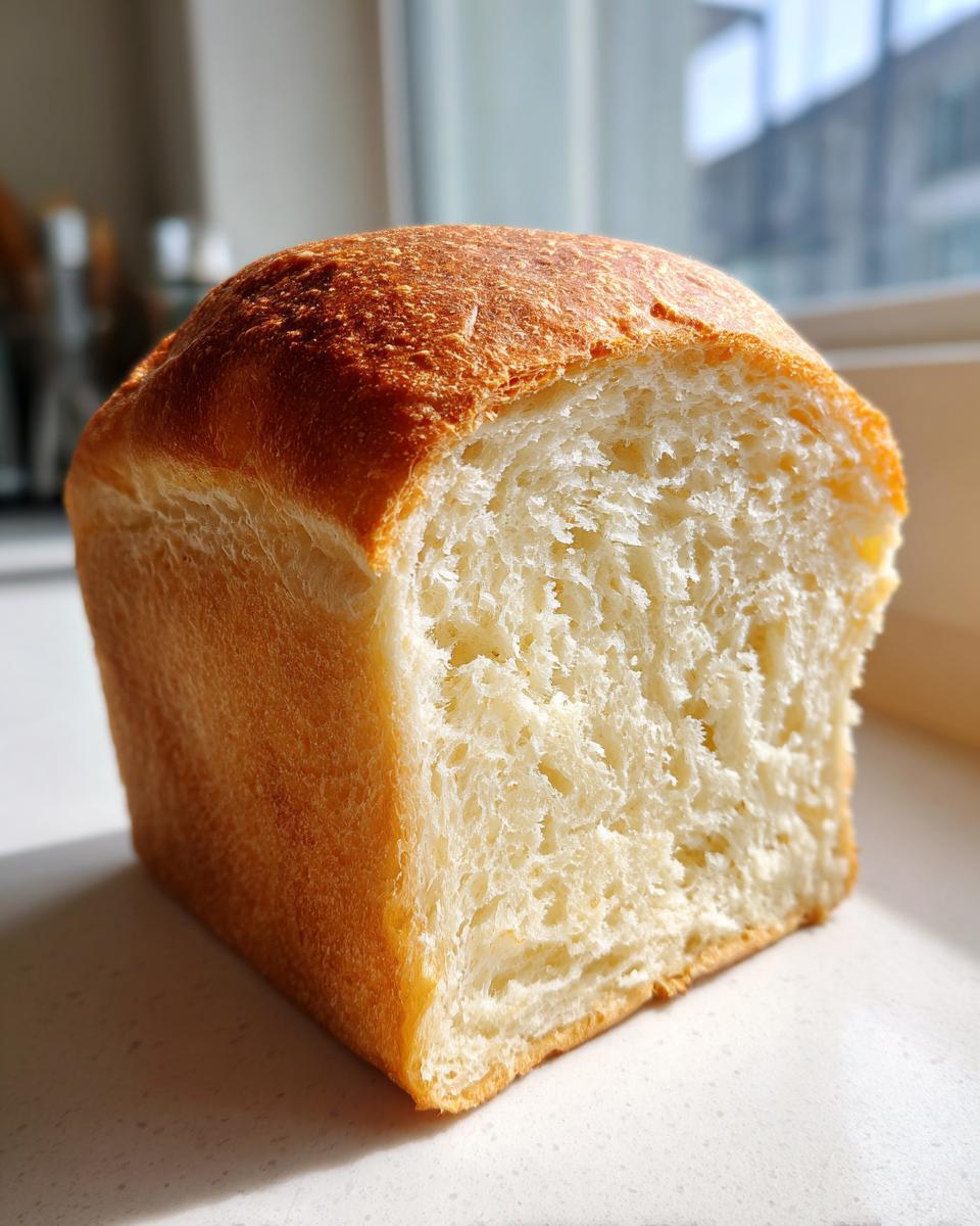 A loaf of freshly baked sourdough sandwich bread, cut to show its soft, white interior and golden brown top crust.