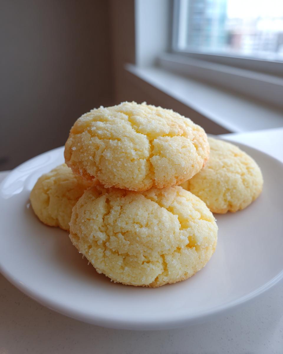 A stack of four delicious, pale yellow soft sugar cookies coated in granulated sugar, resting on a white plate.