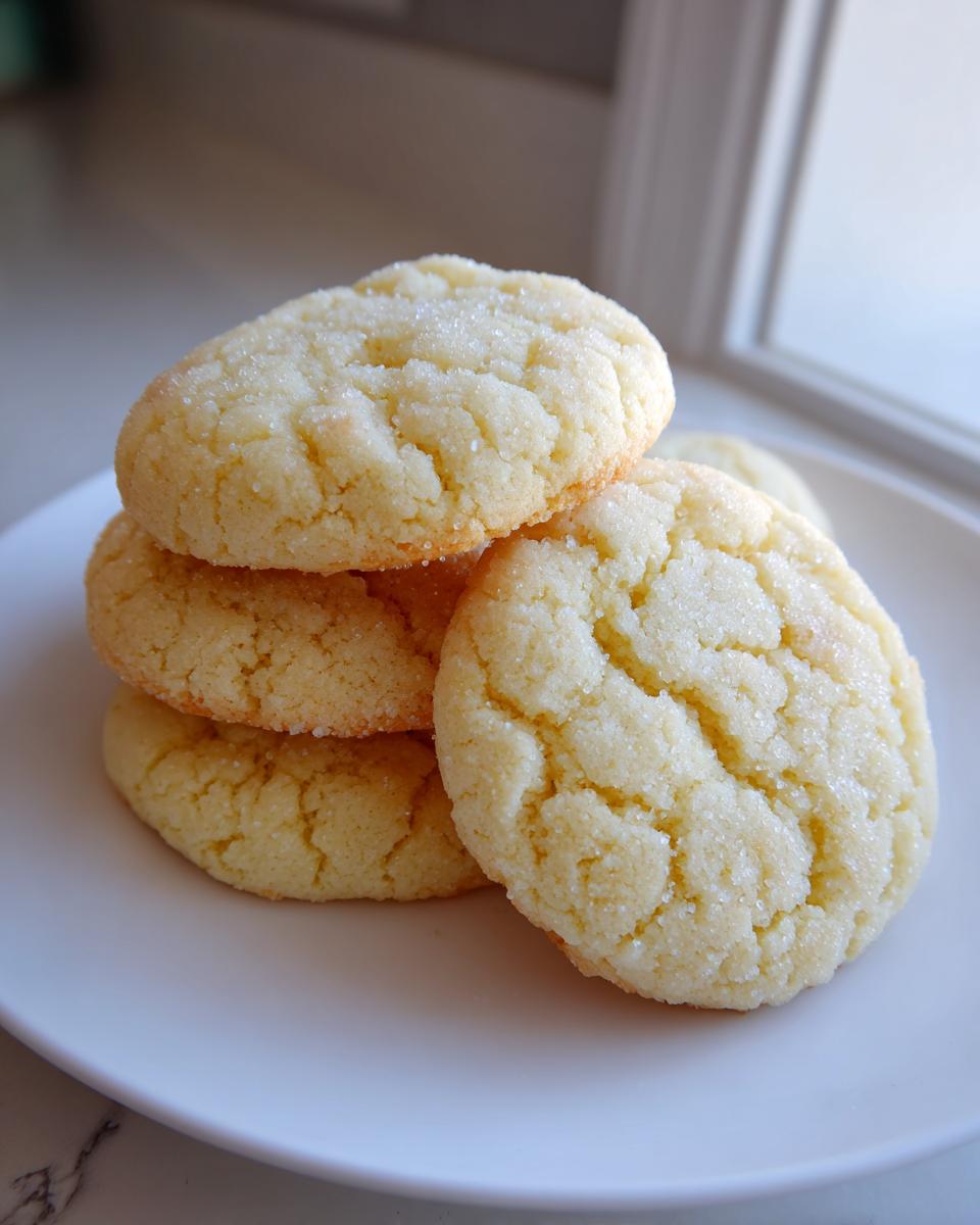A stack of four perfectly baked soft sugar cookies, lightly cracked and coated in sparkling sugar crystals.