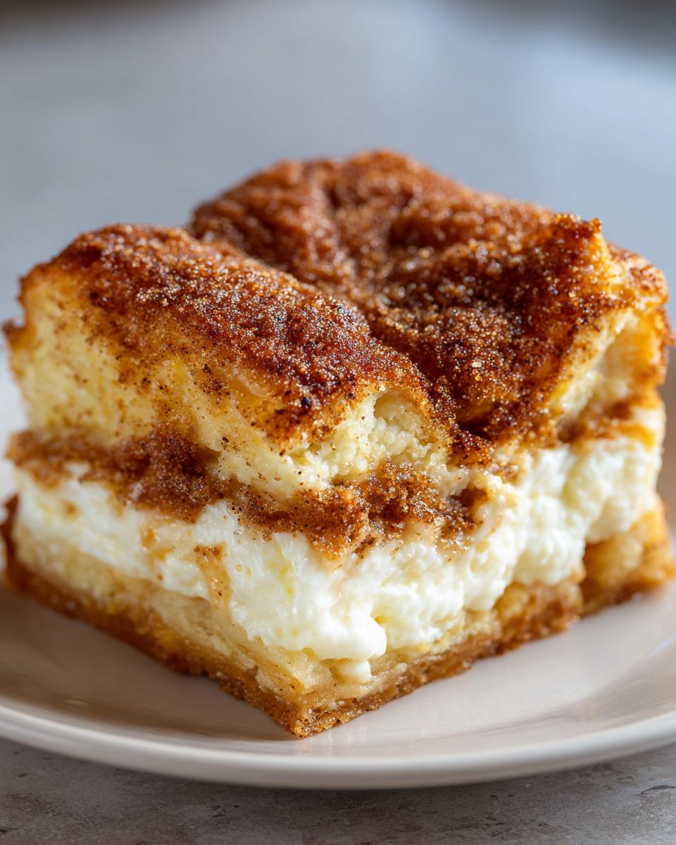A thick, square slice of sopapilla cheesecake featuring a creamy white filling and a cinnamon-sugar topping.