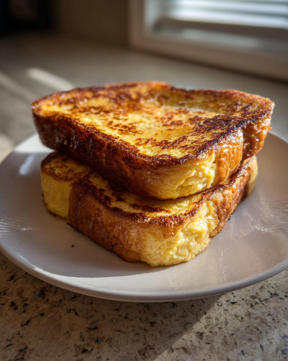 Two thick slices of golden brown sourdough french toast stacked on a white plate, illuminated by sunlight.