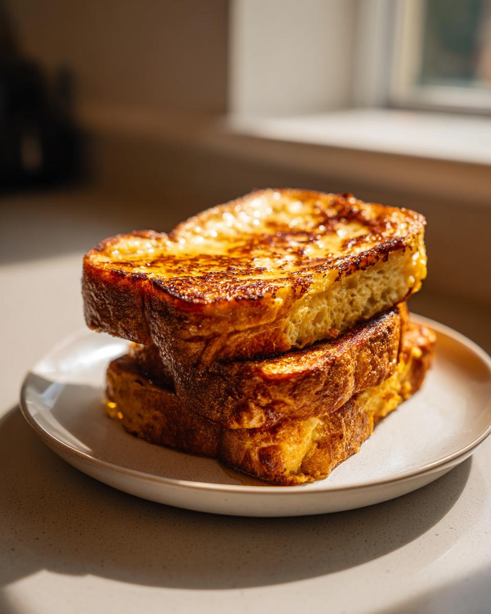 A stack of three thick slices of golden brown sourdough french toast on a light plate.
