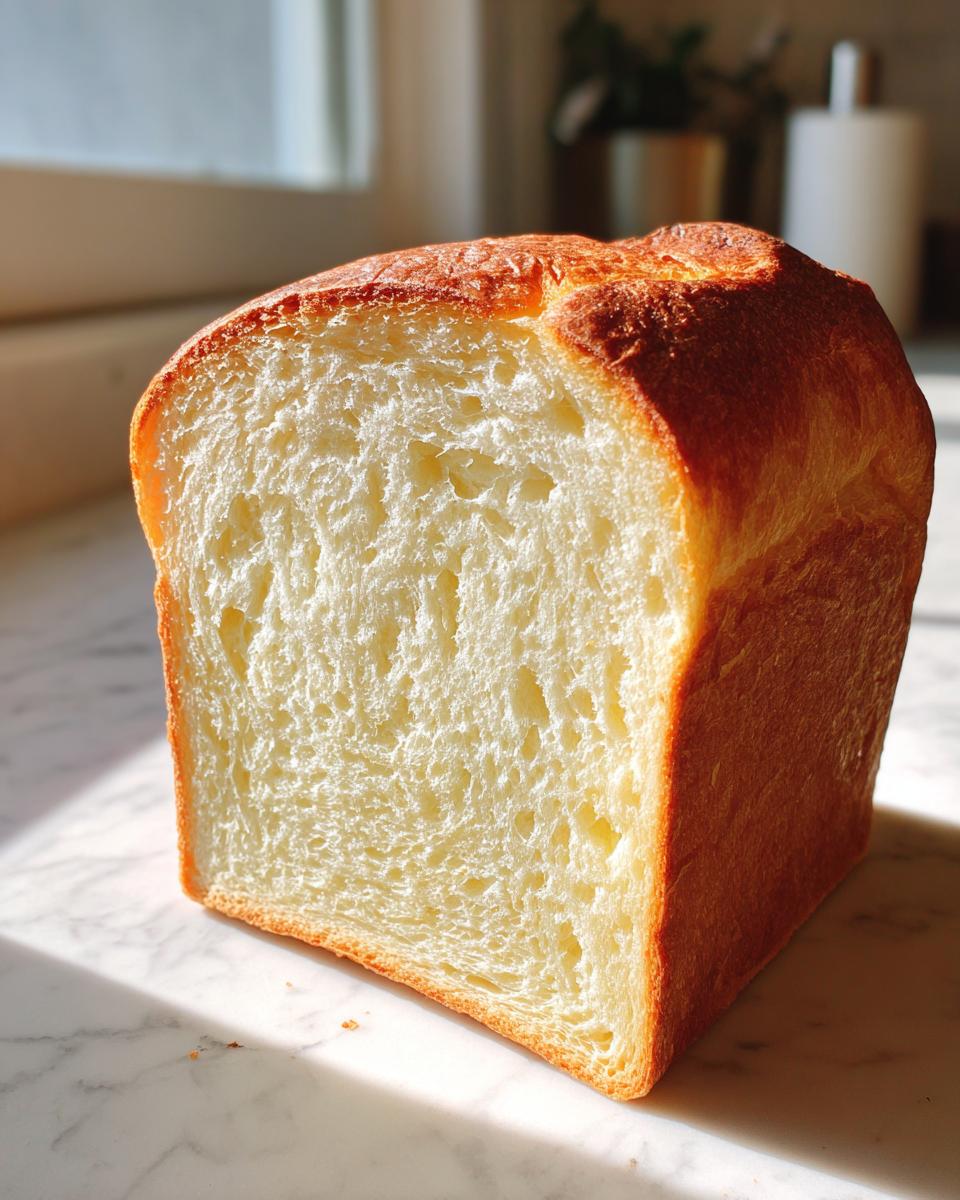 Close-up of a freshly baked sourdough sandwich bread loaf cut in half, showing its soft, white crumb and golden crust.