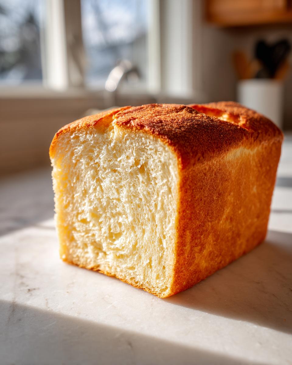 Close-up of a freshly baked sourdough sandwich bread loaf showing its soft, light interior crumb.