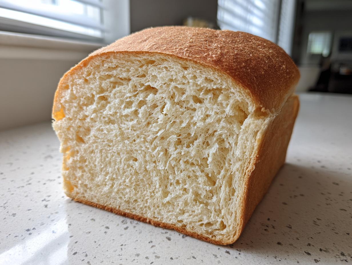 A close-up view of the soft, even crumb structure inside a loaf of sourdough sandwich bread.