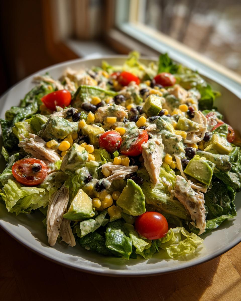 A vibrant bowl of southwest salad featuring lettuce, shredded chicken, avocado chunks, black beans, corn, and cherry tomatoes drizzled with creamy dressing.