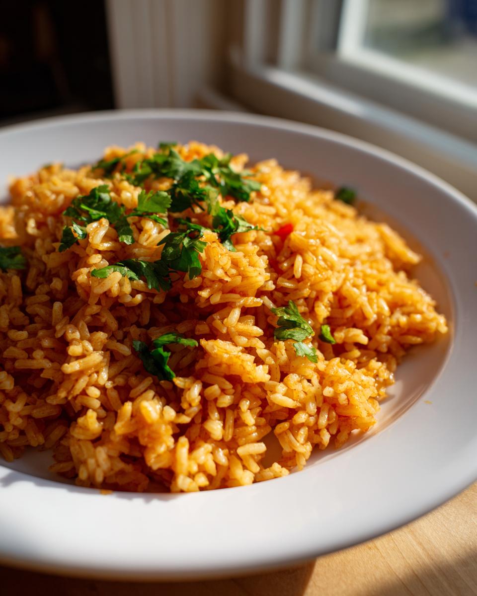 A close-up of a white bowl filled with vibrant orange Spanish rice, garnished with fresh chopped cilantro.