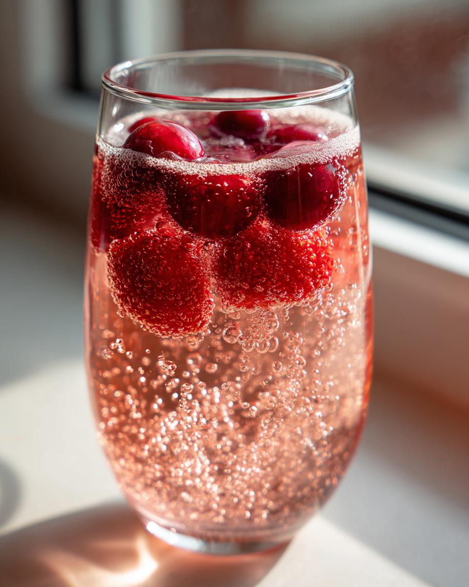 Close-up of a glass filled with bubbly pink champagne punch and whole cranberries floating inside.