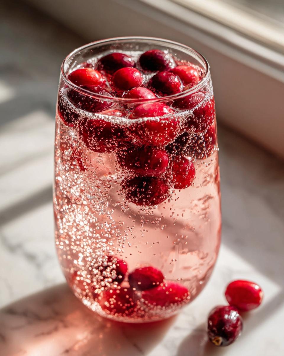 Close-up of a fizzy, pink champagne punch garnished with fresh cranberries in a glass.