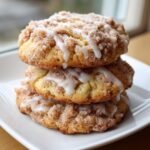 A stack of three soft coffee cake cookies topped with cinnamon streusel and a vanilla glaze drizzle.