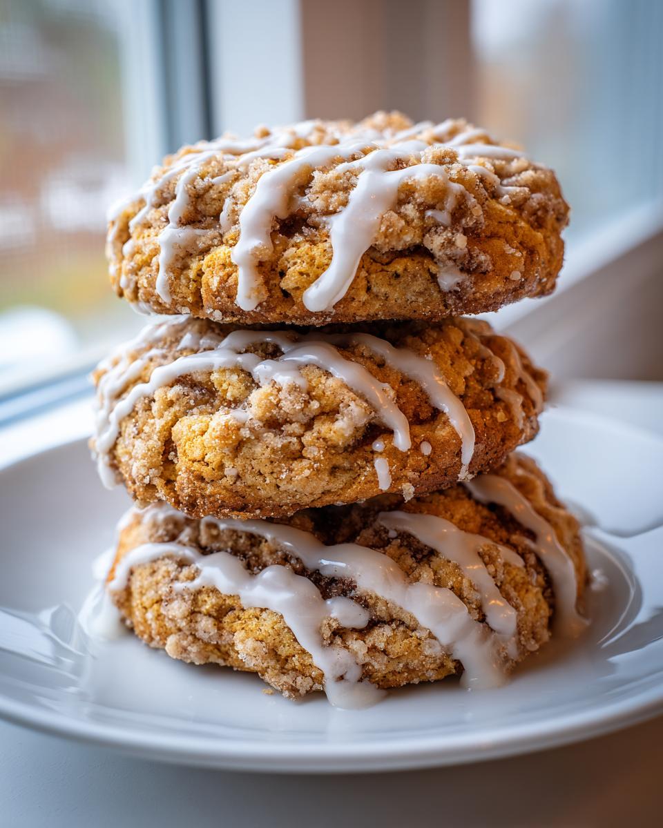 Three stacked, thick coffee cake cookies topped with cinnamon streusel and a white vanilla glaze drizzle.