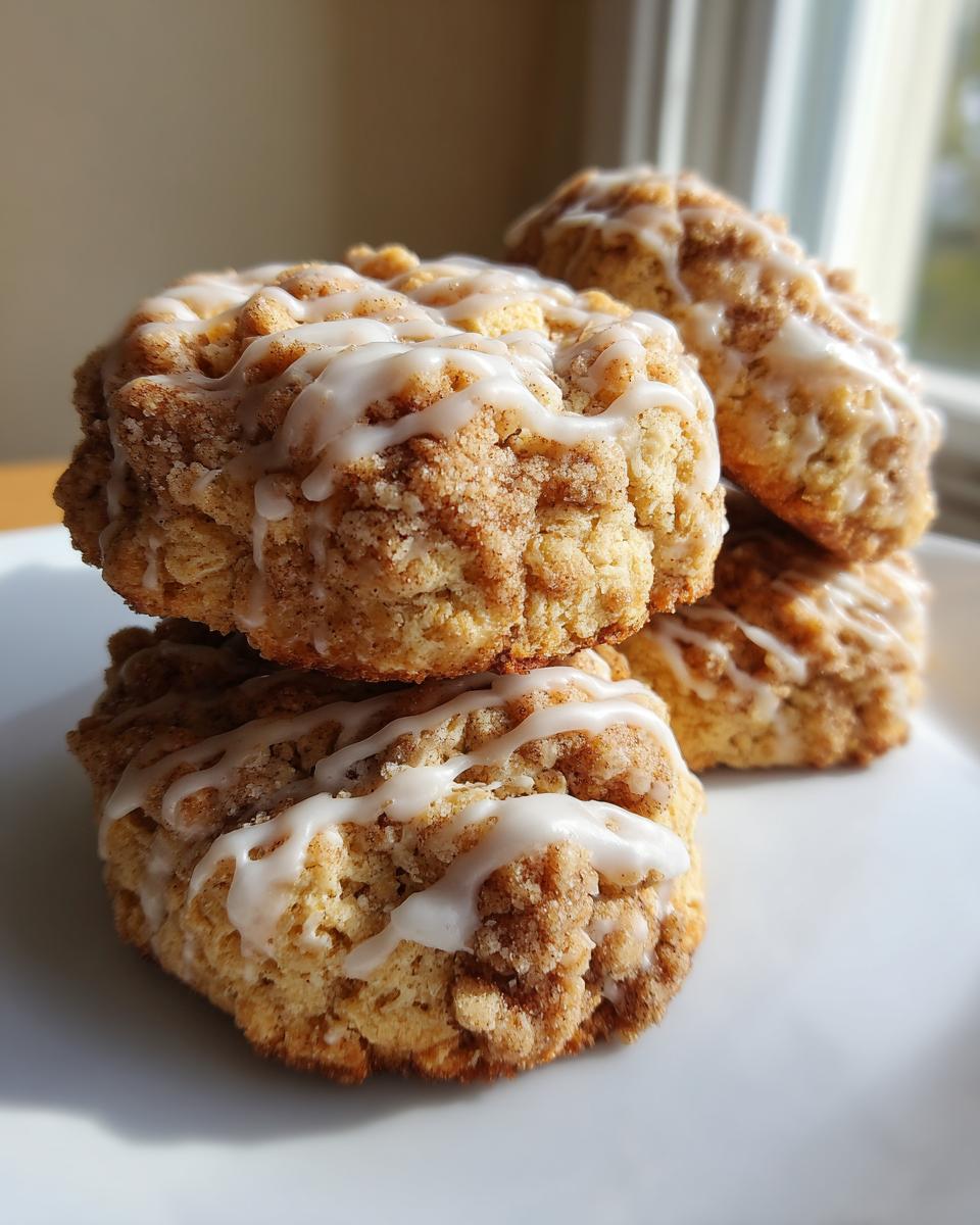 A stack of four moist coffee cake cookies topped with cinnamon streusel and a white vanilla glaze.