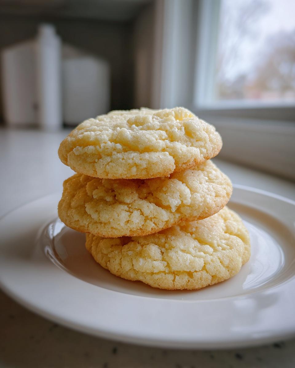 Three perfectly stacked, crinkly-topped soft sugar cookies resting on a white plate near a window.