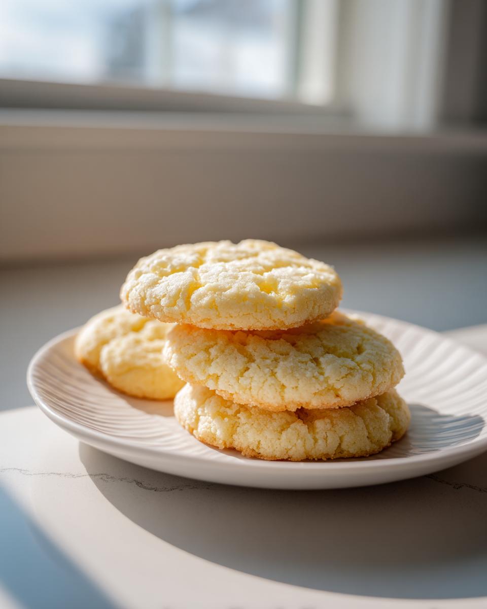 A stack of three fluffy, crinkled soft sugar cookies resting on a white plate near a window.