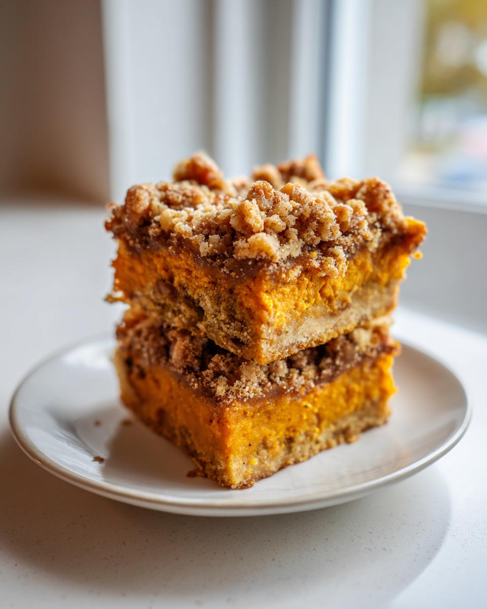Two stacked squares of rich, orange pumpkin crunch dessert bars topped with a thick layer of streusel topping, served on a white plate.