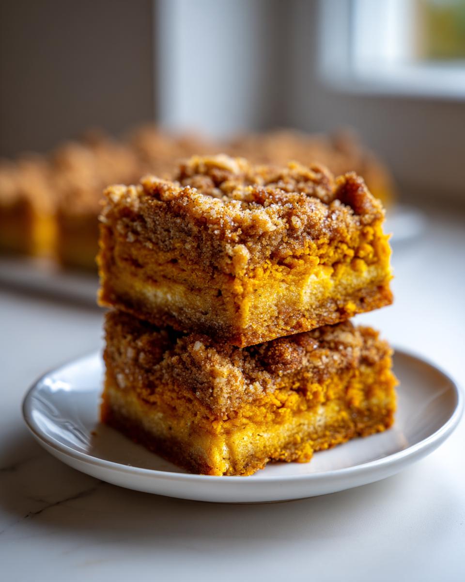 Two stacked squares of rich, layered pumpkin crunch dessert with a thick, sugary crumble topping.