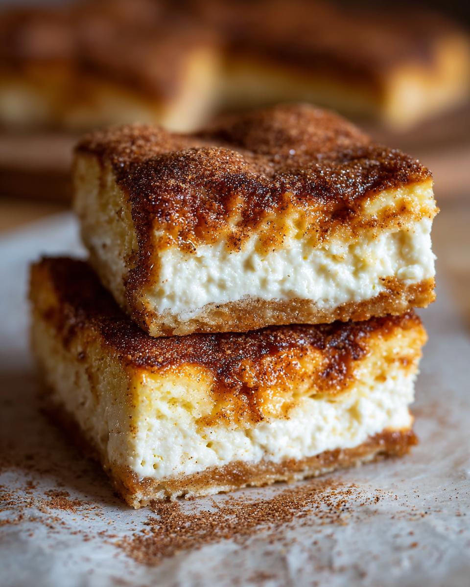 Two stacked bars of creamy sopapilla cheesecake topped with a thick layer of cinnamon sugar.