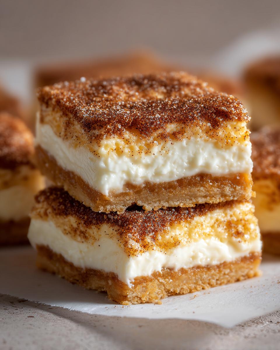 Two stacked squares of sopapilla cheesecake bars featuring a thick cream cheese layer and a heavy cinnamon sugar topping.