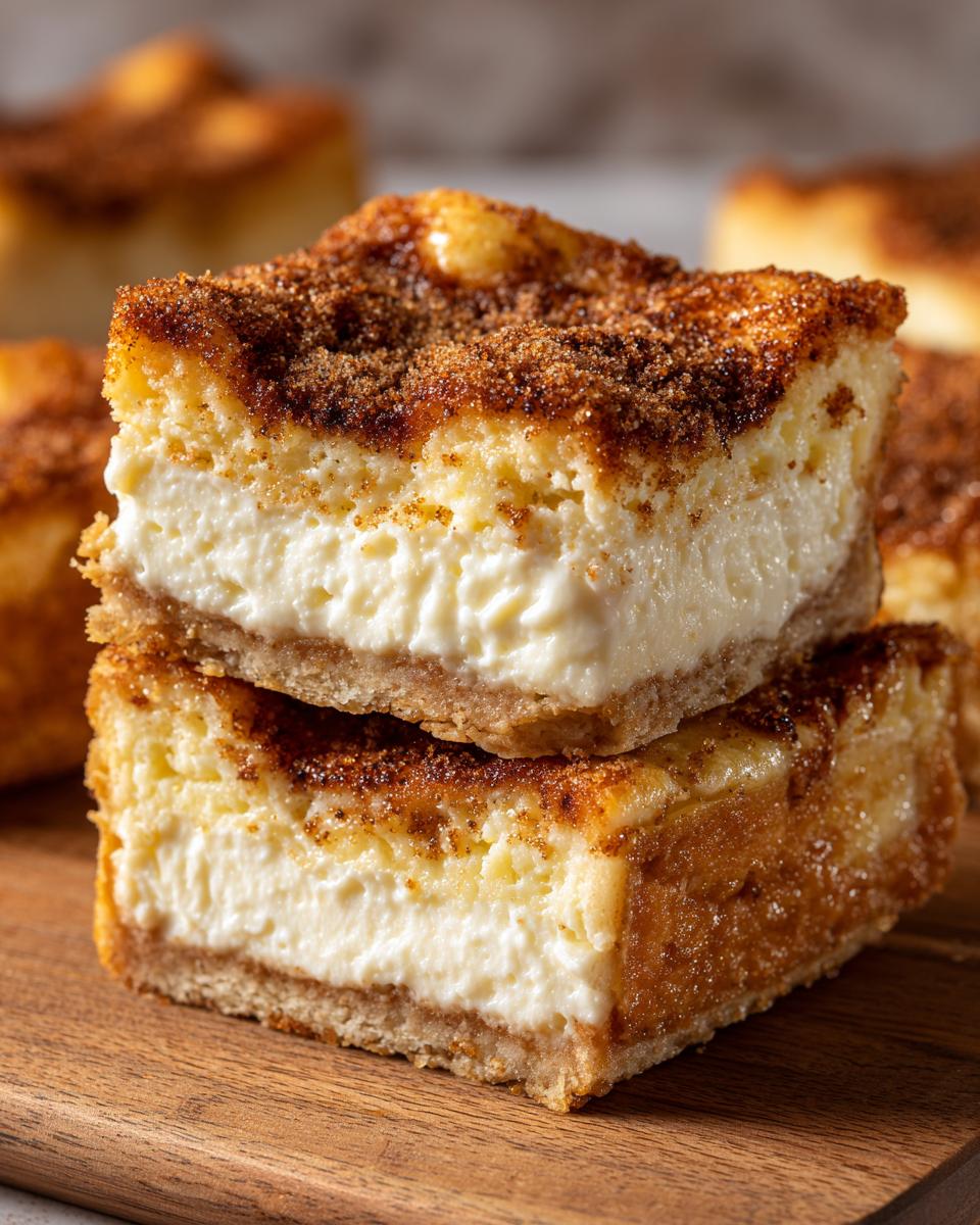 Two stacked squares of creamy sopapilla cheesecake bars topped with a rich cinnamon sugar crust.