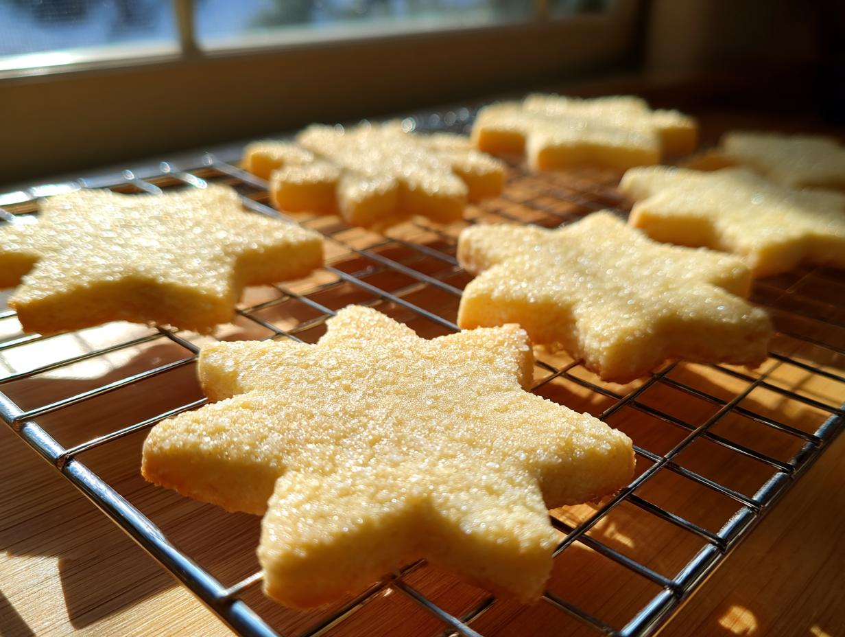 Close-up of freshly baked, star-shaped vegan sugar cookies sprinkled with sugar, cooling on a wire rack.