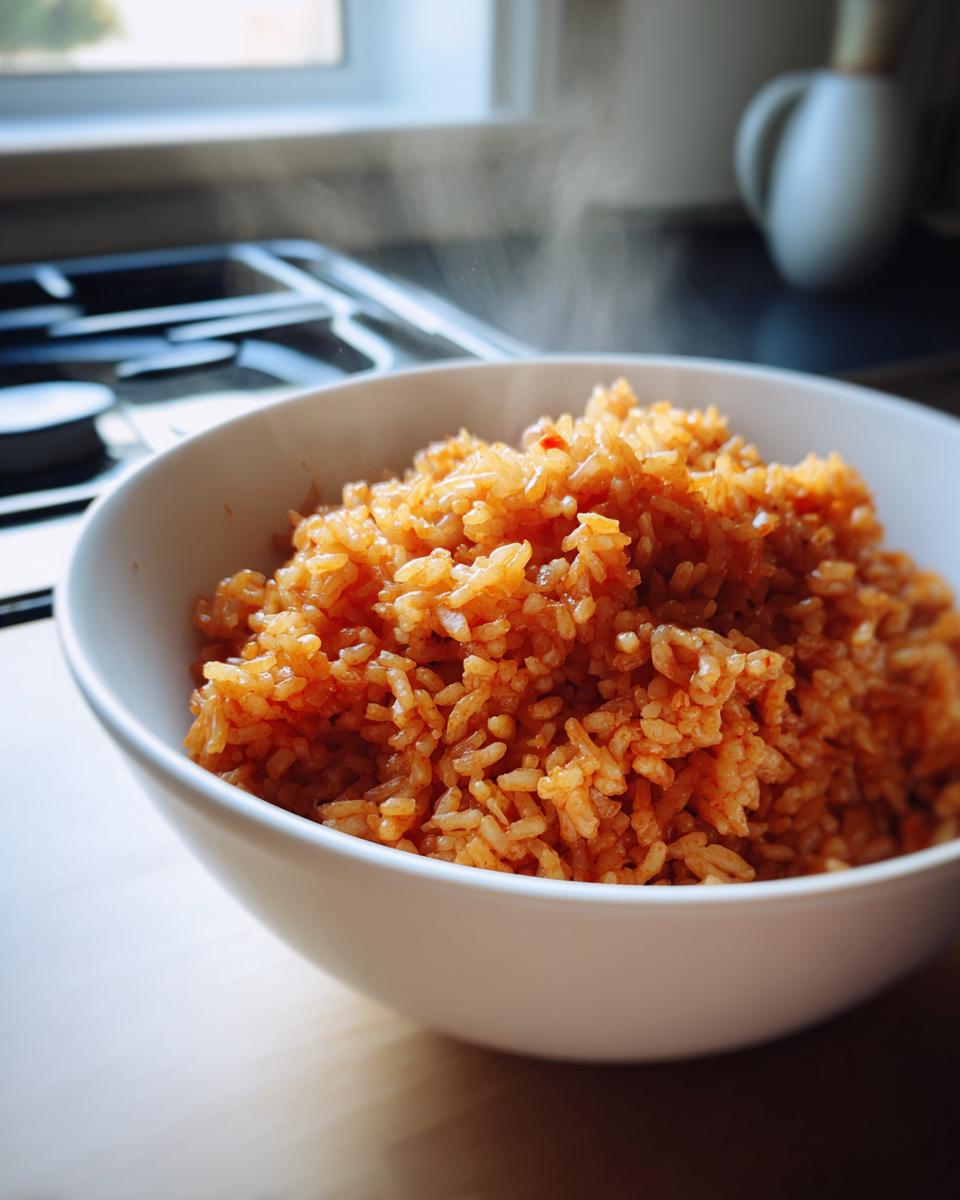 A close-up of a white bowl filled with steaming, vibrant orange Jollof rice, fresh off the stove.