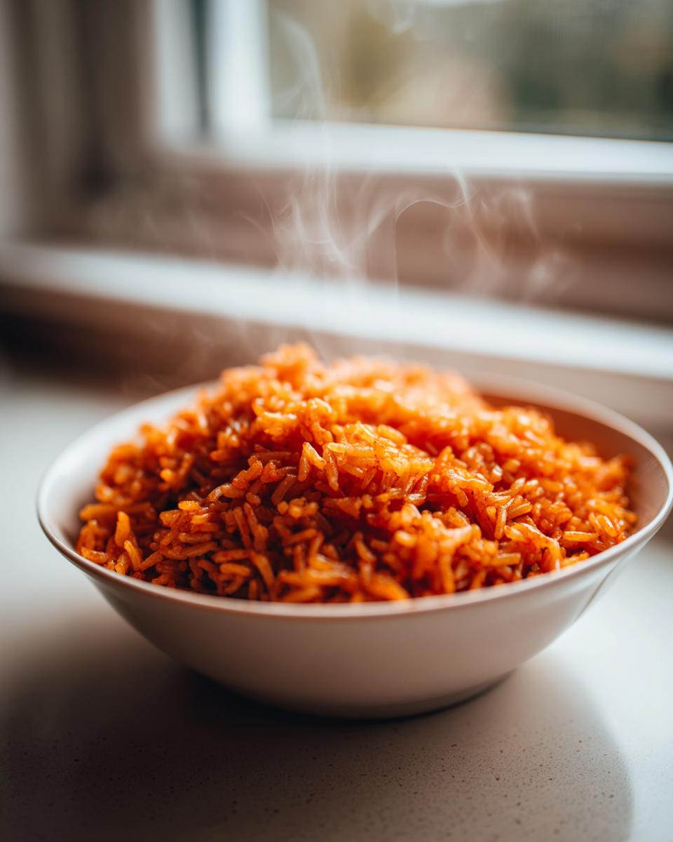 A close-up of a white bowl filled with hot, steaming jollof rice, set near a window.