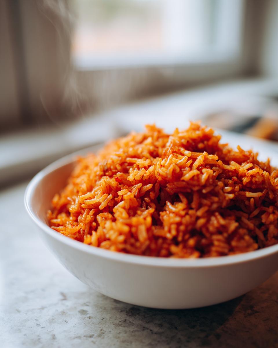 Close-up of a white bowl filled with hot, steaming jollof rice, showing its rich orange-red color.