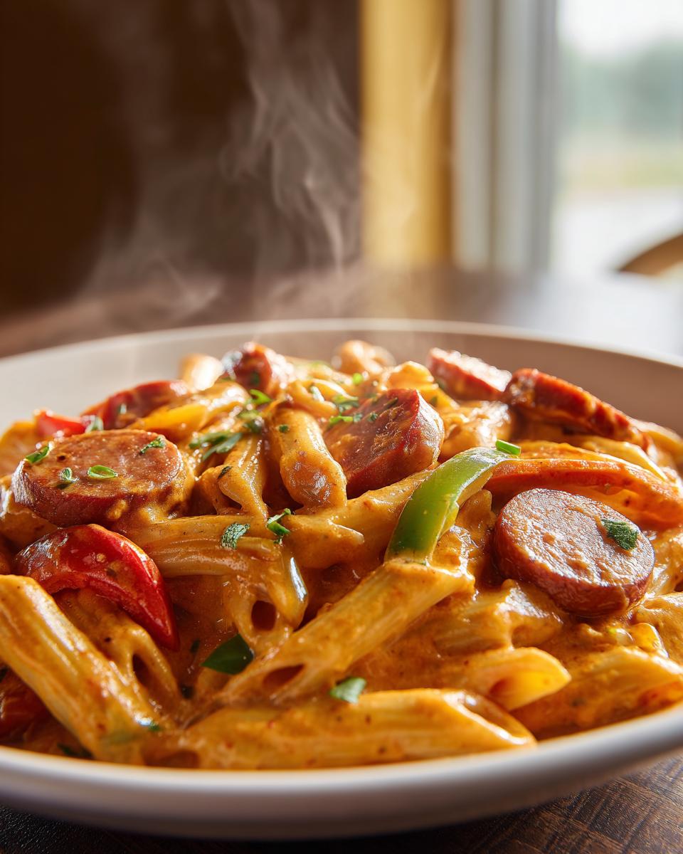 Close-up of a steaming bowl of creamy cajun sausage pasta featuring penne, sliced andouille sausage, and bell peppers.