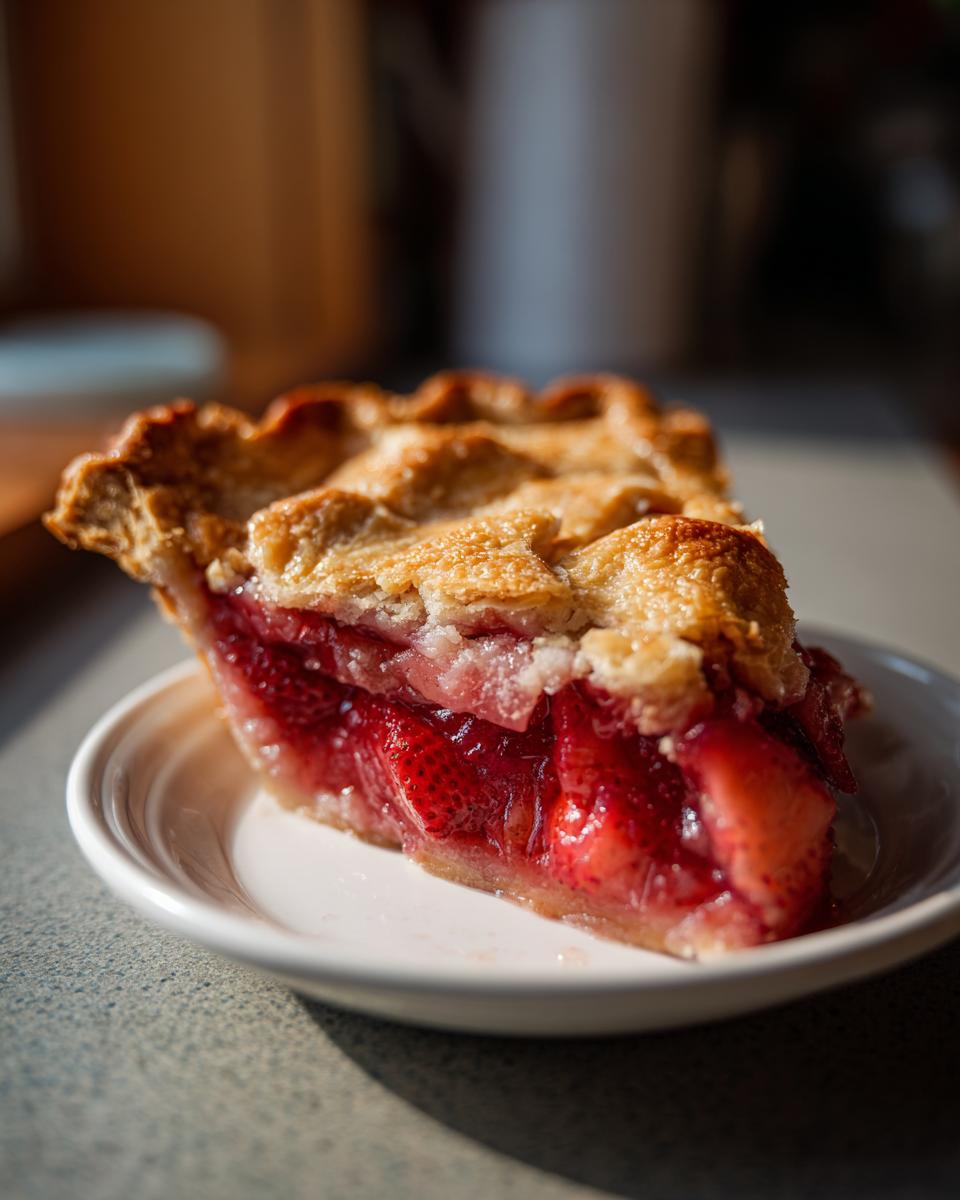 Close-up of a thick slice of strawberry rhubarb pie showing juicy red filling and a golden, crimped crust.