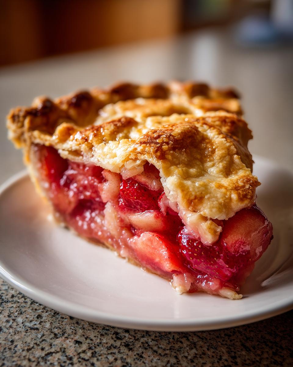 A close-up of a perfect slice of strawberry rhubarb pie showing the bright red filling and golden, flaky top crust.