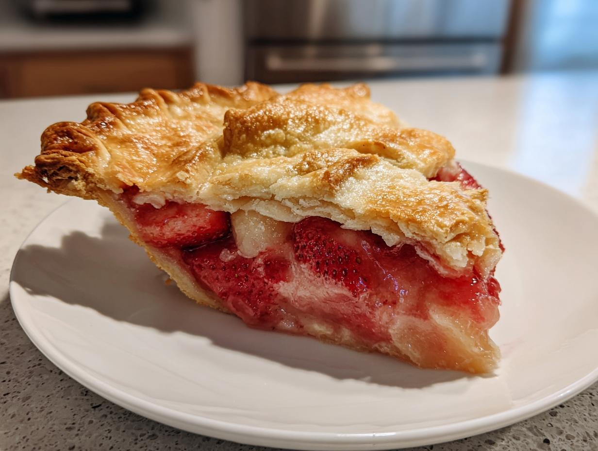 A close-up slice of homemade strawberry rhubarb pie showing a flaky, golden crust and bright red filling.