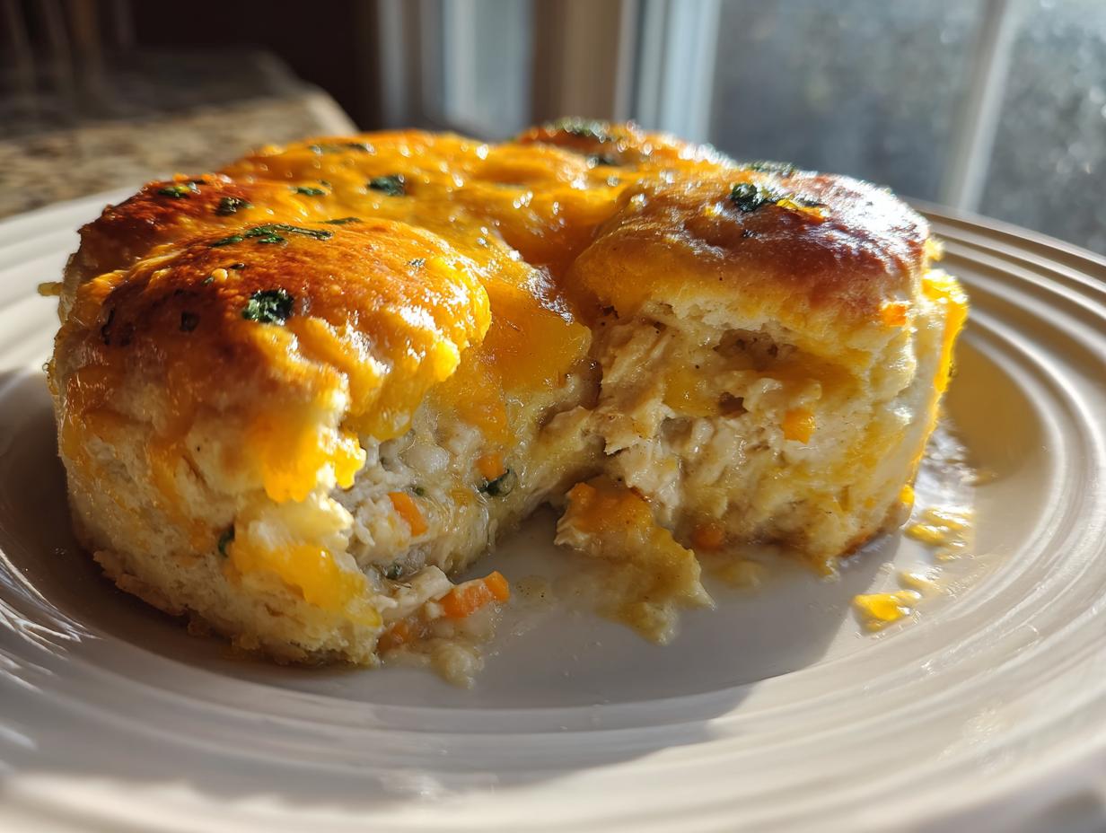 A close-up of a portion of chicken cobbler, showing fluffy biscuits topped with melted cheddar cheese and shredded chicken filling.
