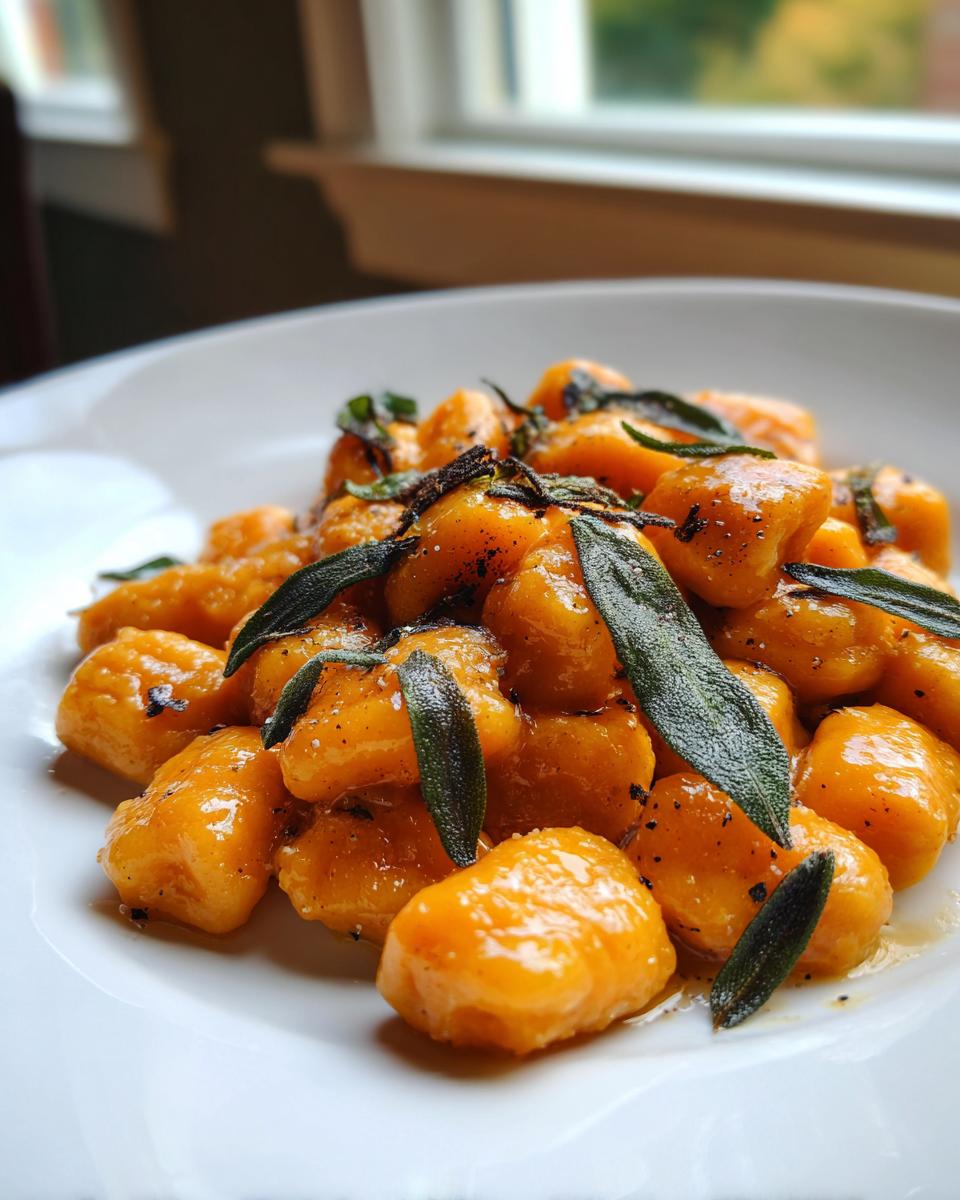 A close-up of bright orange sweet potato gnocchi tossed in sauce and topped with crispy sage leaves.