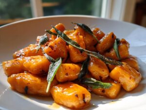 A close-up of glossy, orange sweet potato gnocchi tossed in a brown butter sauce and garnished with fresh sage leaves.